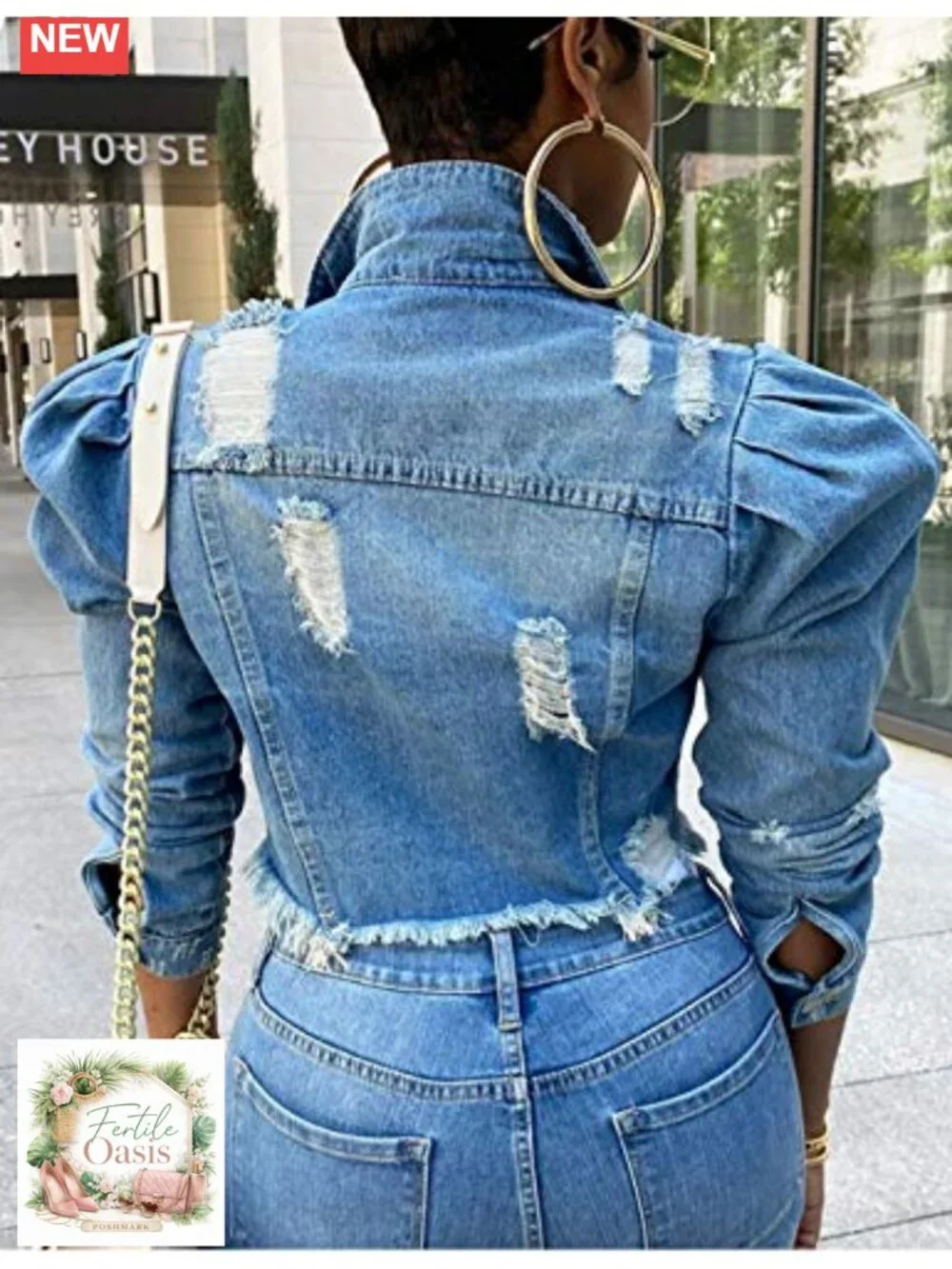 Women's Cotton Denim Jacket Cropped Puff Sleeve Long-Sleeve Frayed Hem
